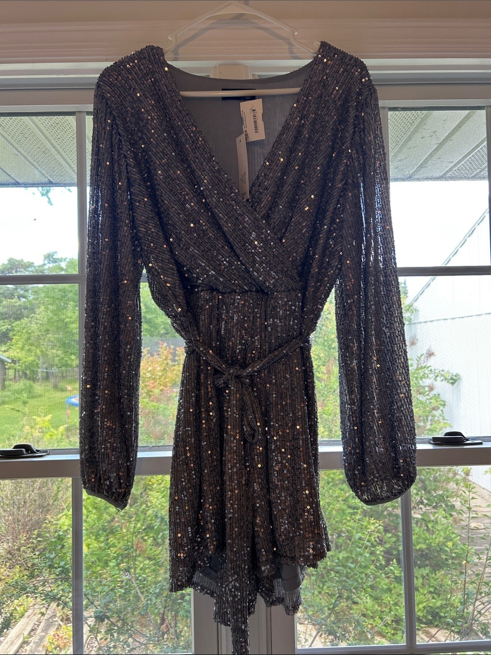 a new day Metallic Gray Sequin Wrap Long-Sleeve Mini Dress